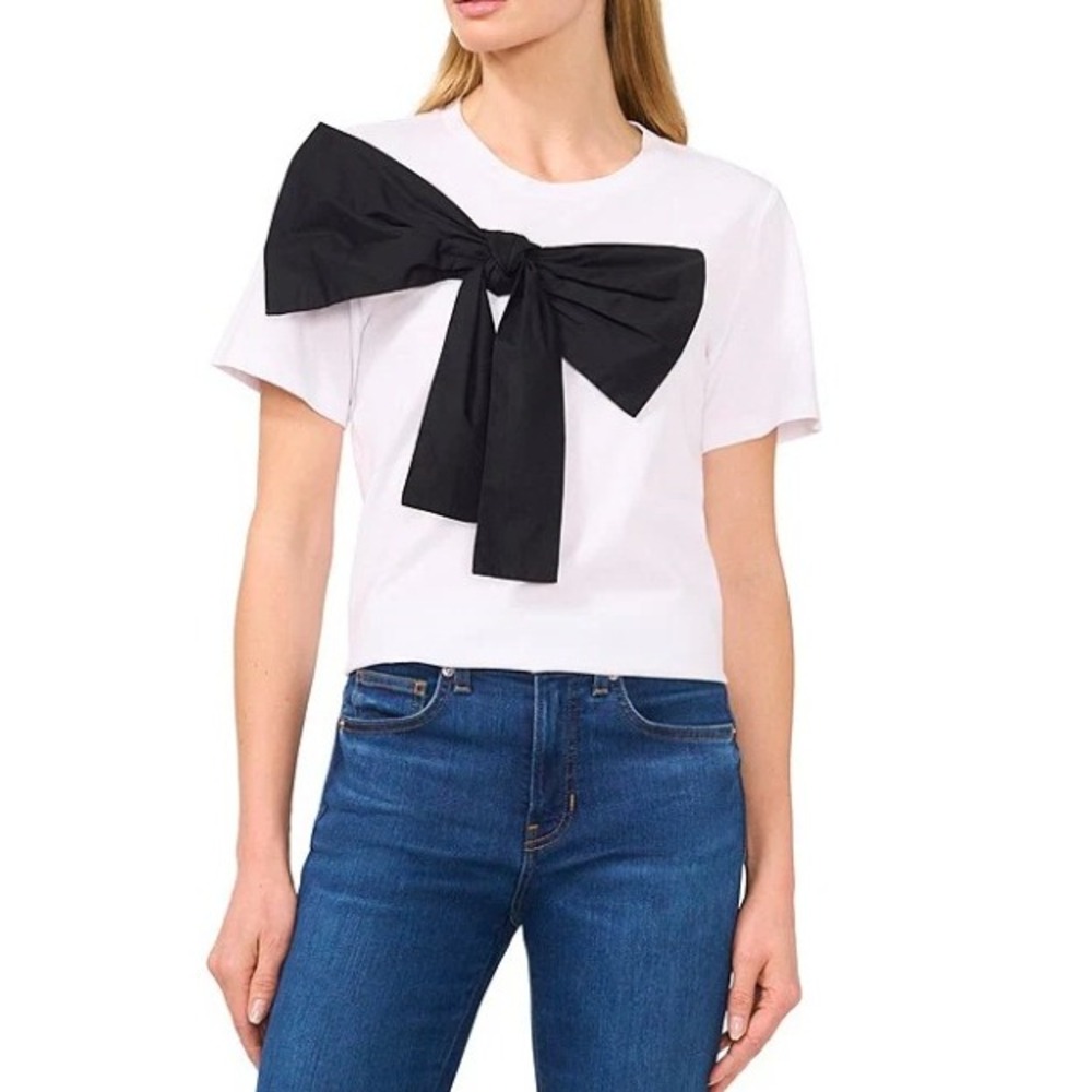 CeCe Womens Large White Oversized Black Bow Front T-Shirt Cropped Short Sleeve‎ - Picture 2 of 9